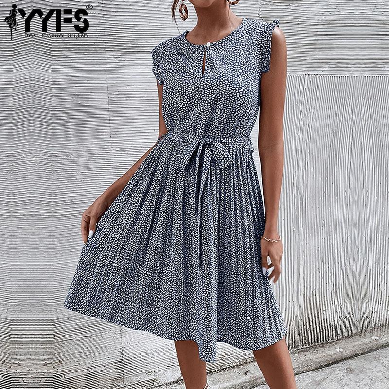 YYFS Women's Fashion Summer Spring Floral Print Sleeveless O-Neck High Waist Casual Dresses