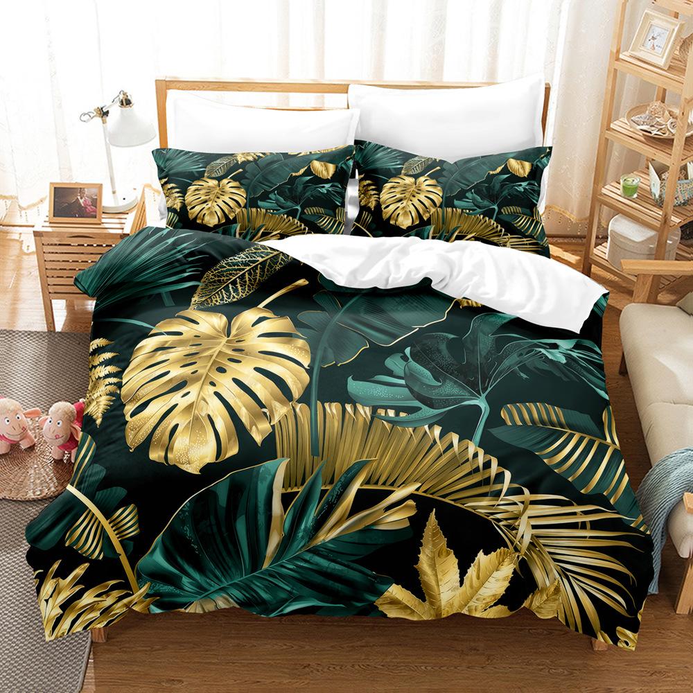 3D Digital Printing Quilt Cover Tropical Plant Green Leaf Flower Three-Piece Set Abrasive Bedding
