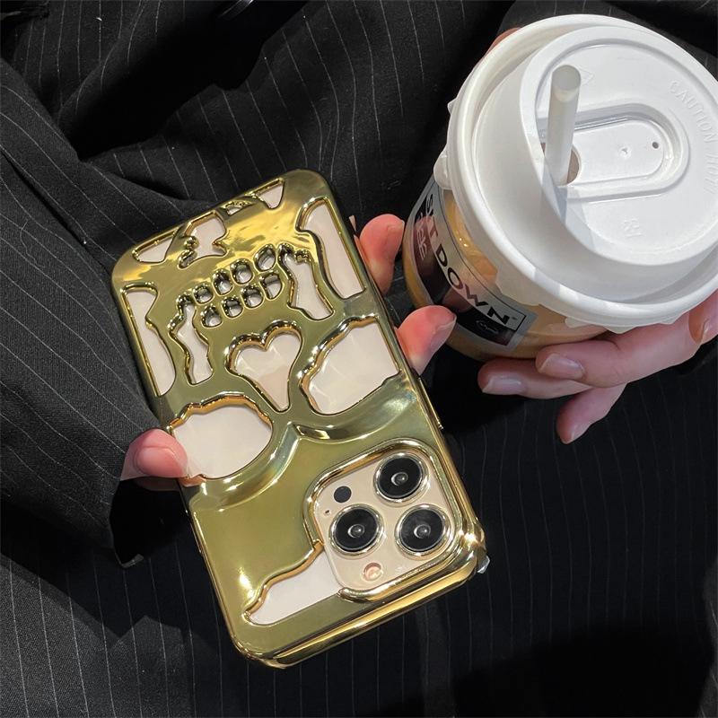 Cool Hollow 3D Skull Phone Case for iPhone 16 15 14 Plus 13 12 11 Pro Max Plating Gothic Skeleton Design Shockproof Cover