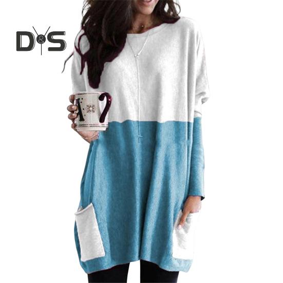 Женские топы с круглым вырезом, длинным рукавом, цветные блоки, пуловеры, топы с карманами, свободный крой, рубашка средней длины, повседневная одежда