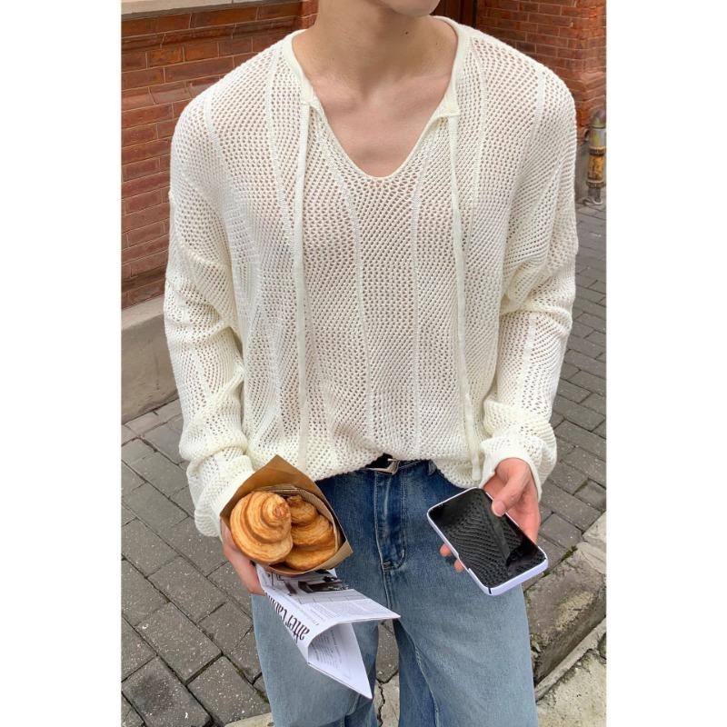 Korean Style V Neck Long Sleeve Knit Sweater For Men Loose Lazy Fashion