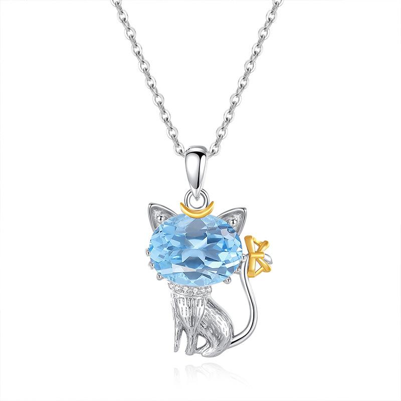 Natural crystal stone cat pendant S925 sterling silver necklace women's niche cute style girl gift jewelry