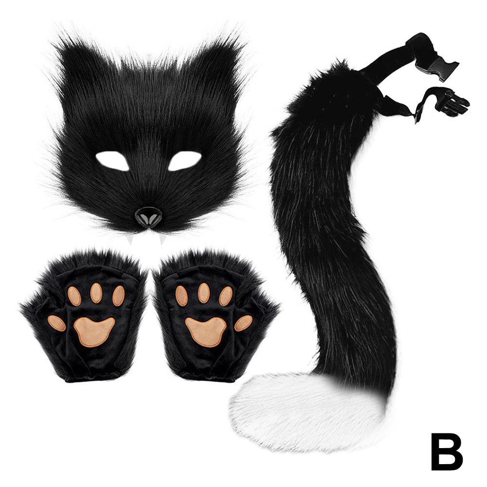 Fox Costume Set Cosplay Halloween Costume Plush Masque Fluffy Paw Gloves Halloween Party Accessories Faux Fur Fox Tail Set
