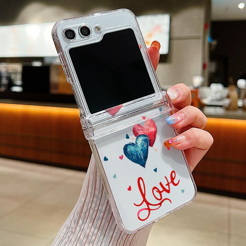 Transparent Love Flower Phone Case For Samsung Galaxy Z Flip 6 5 4 3 Flip 5 Flip 6 Shockproof Bumper Slim Hard Back Cover Fundas