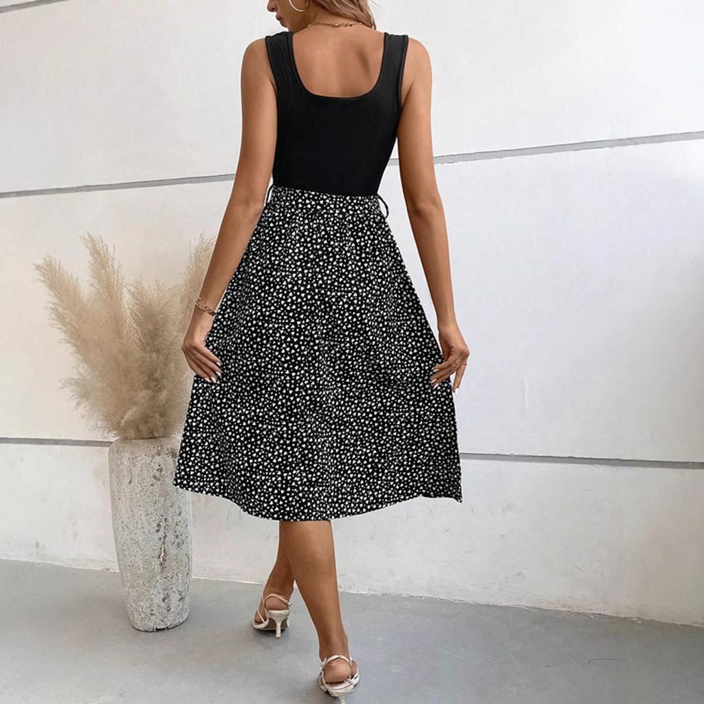 Women Summer Casual Sleeveless Dot Printed Holiday Beach One Piece Dress