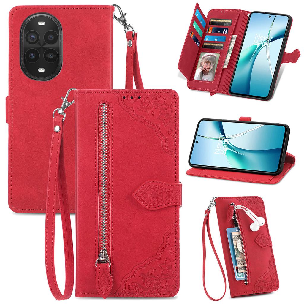 Чехол-кошелек на молнии для Huawei nova 13 Pro 5G с ремешком, с цветочным тиснением, из ПУ кожи, чехол для телефона
