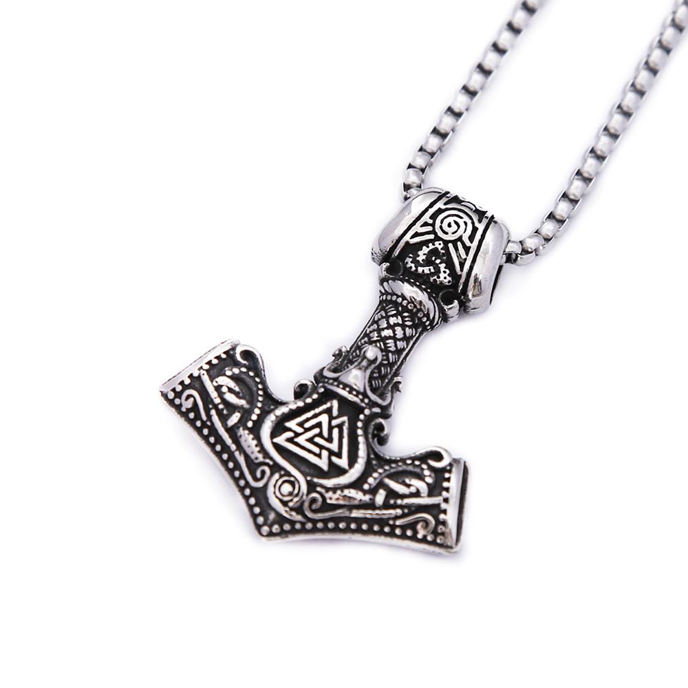 Fashion Vintage Viking Thor's Hammer Pendant Necklaces Punk Hip Hop Nordic Valknut Necklace Male Amulet Jewelry Gifts Wholesale