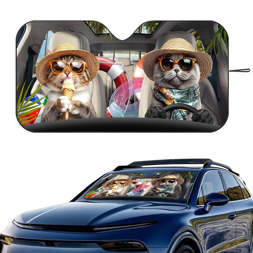 Cat Driving Car Pattern Car SunShade Windshield Foldable Three-layer Insulation Sunshade By Suction Cup Blocks UV Rays Sun