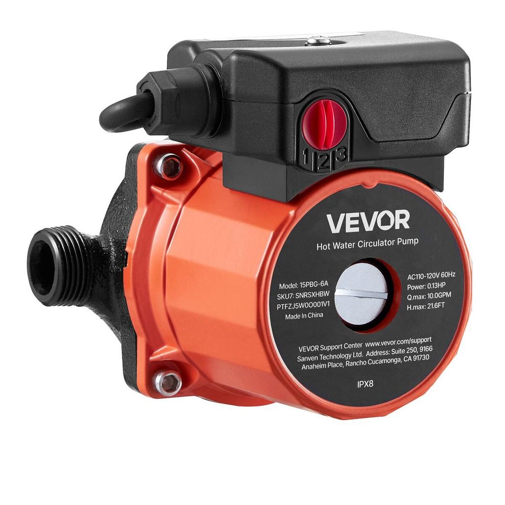 Hot Water Recirculating Pump, 38 LPM, Instant Circulation Circulator Pump System, 3-Speed Control, 100W, AC 220-240V, G3/4 in to G1/2 in Adapter, Cast