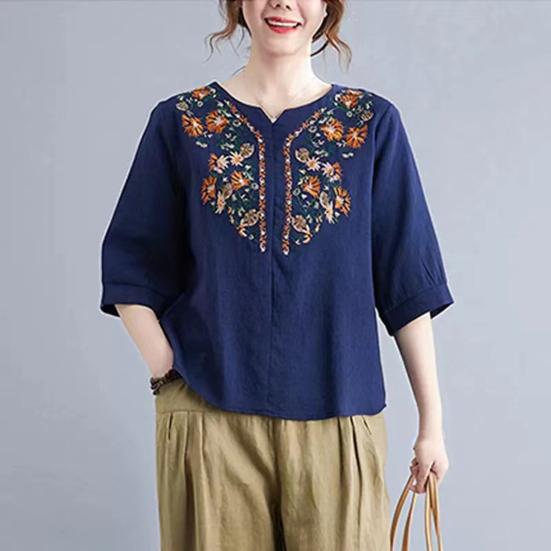 Women Summer Casual Shirt V-Neck Half Sleeve Pullover Tops Embroidery Floral Pattern Loose Fit Comfortable Breathable Blouse
