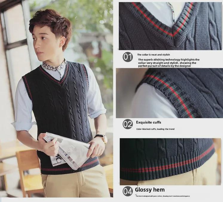 Мужской тонкий трикотажный шерстяной жилет с V-образным вырезом - модный корейский свитер без рукавов