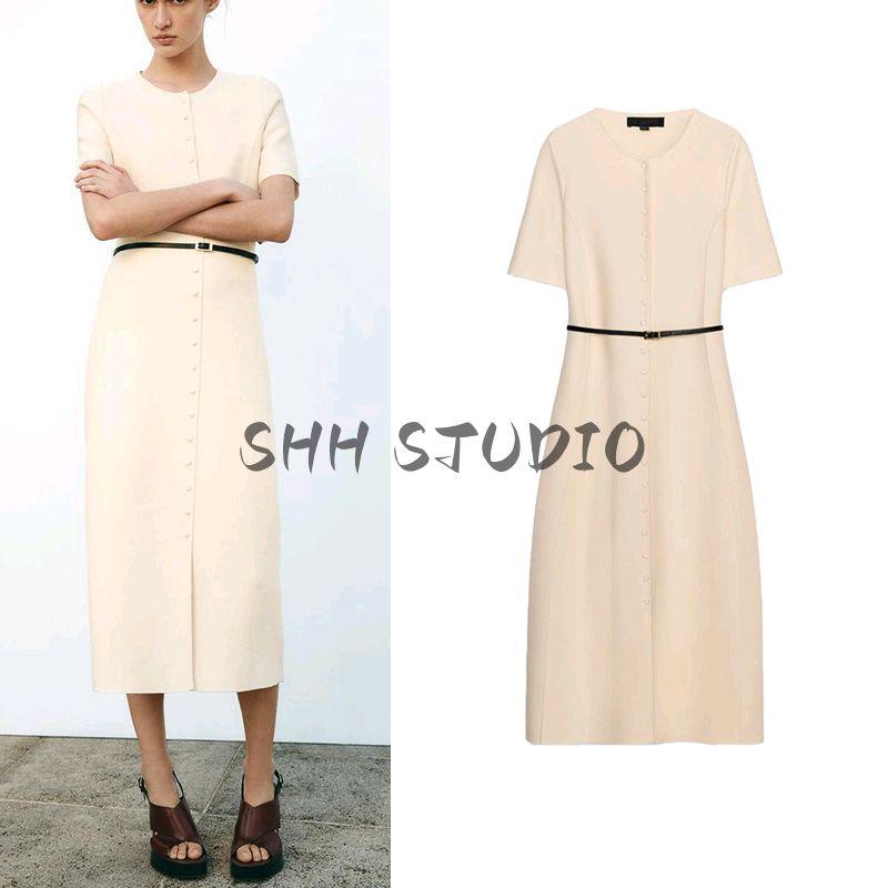 Spring and Summer New Women's Clothing Minimalist Style Decorated Row Button with Belt Short Sleeve Round Neck Midi Skirt Dress 9598058