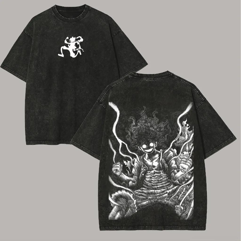 2026 Anime ONE PIECE Anime Nika Luffy Printed T-shirt Men's and Women's Washed T-shirt High Quality Vintage Cotton T-shirt Tops