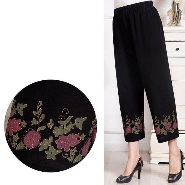 Женские летние тонкие брюки большого размера, свободные, с эластичной резинкой на талии, простые укороченные брюки с высокой талией, широкие брюки с цветочным принтом, повседневные прямые материнские брюки