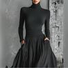 Женский черный топ с высоким воротом и длинными рукавами в комплекте с плиссированной юбкой миди