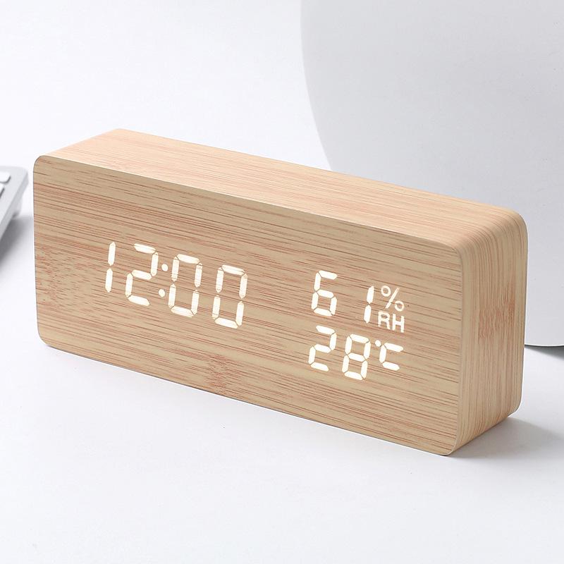 Intelligent Voice Controlled Temperature and Humidity Meter Wooden Clock Triangle Electronic Digital Clock Wooden Temperature and Humidity Alarm Clock