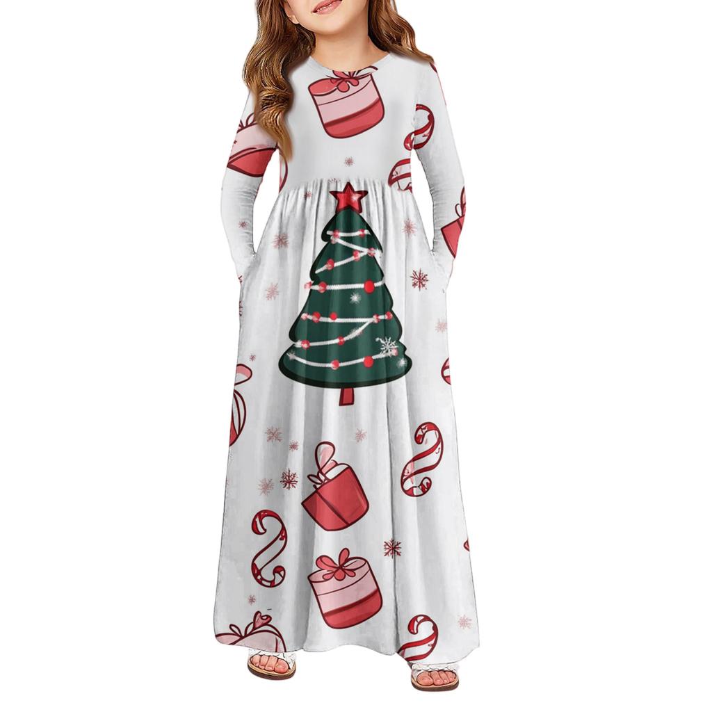 Девичье платье макси - Платье с длинным рукавом и карманом на Рождество