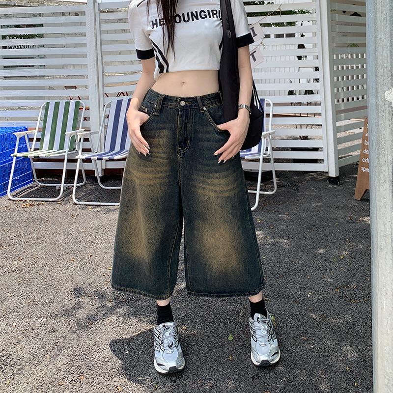 Retro Washed Distressed Wide Leg 7/8 Jeans - Unisex High Street Loose and Straight Mid-Length Shorts for Spring/Summer.