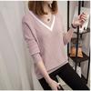 Осенний женский свитер с длинным рукавом, однотонный, с вырезом, повседневный пуловер, свободный женский свитер с V-образным вырезом