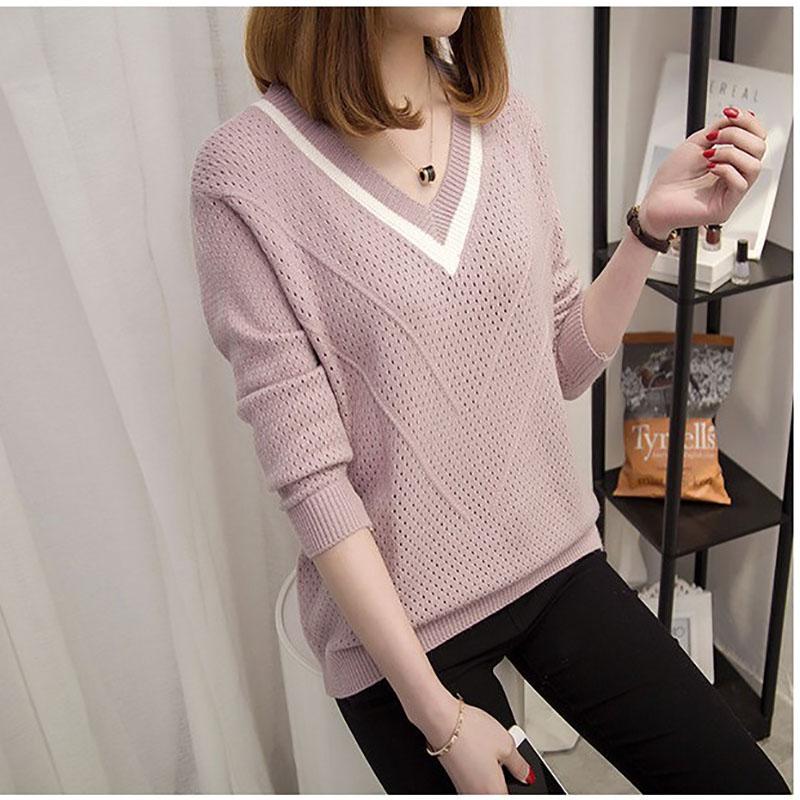 Осенний женский свитер с длинным рукавом, однотонный, с вырезом, повседневный пуловер, свободный женский свитер с V-образным вырезом