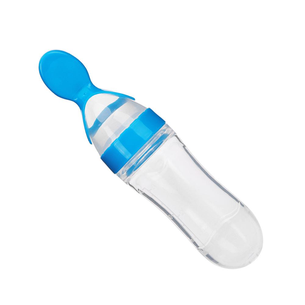 90ml Silicone Baby Toddler Feeding Bottle with Spoon Fresh Food Cereal Squeeze FeederBlue