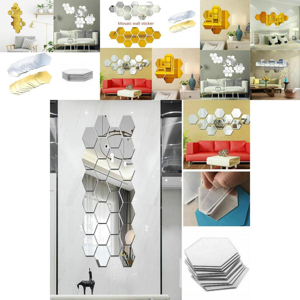Stylish Hexagon 3d Mirror Mosaic Wall Stickers Self Adhesive Diy Bedroom Art