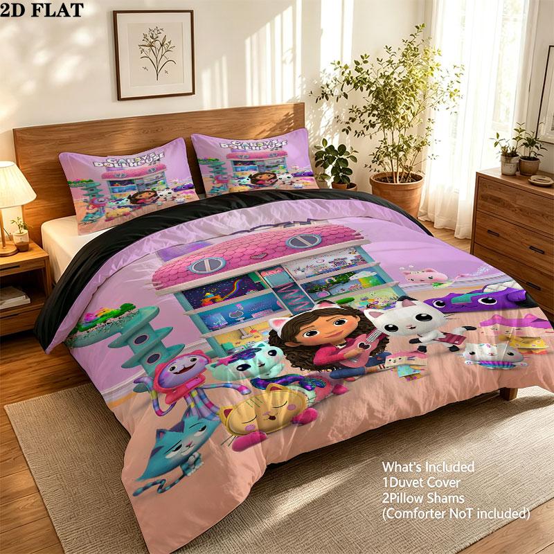 Gabby'S Dollhouse Pattern Bedding Quilt Set Quilt Cover Pillowcase Home Birthday Gift(1 * duvet cover + 2 * pillowcase, without core)