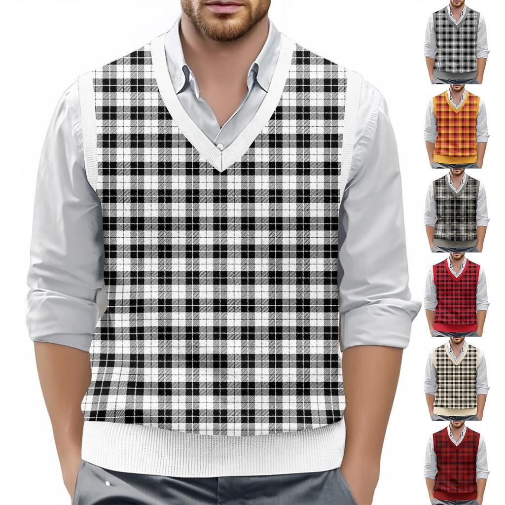 Мужской жилет без рукавов с клетчатым принтом и V-образным вырезом, вязаный джемпер