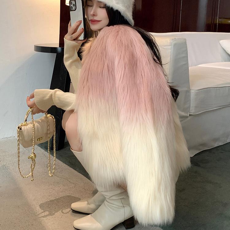 Женская мода градиент цвета искусственного меха пальто осень зима элегантная теплая верхняя одежда женские куртки из искусственного меха
