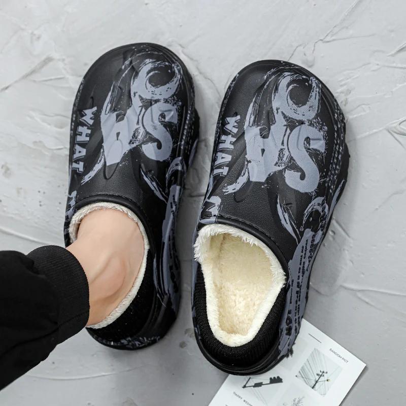 Модные зимние меховые тапочки для мужчин, теплая домашняя обувь из хлопка, водонепроницаемая садовая обувь, сандалии, полуслайды