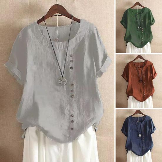 Women Casual Tops O-Neck Short Sleeve Buttons Decor Tee Shirt Loose Fit Solid Color Pullover