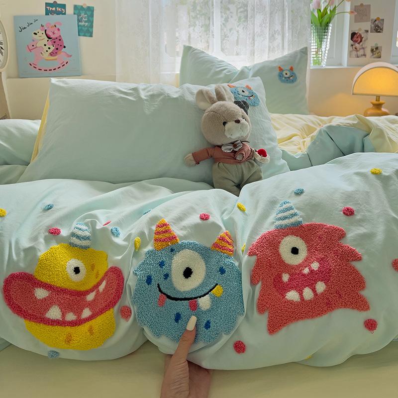Cartoon Animal Embroidery Bedding Set For Adults Kids Cute Flat Fitted Sheet With Pillowcases Washed Cotton Colorful Full Size