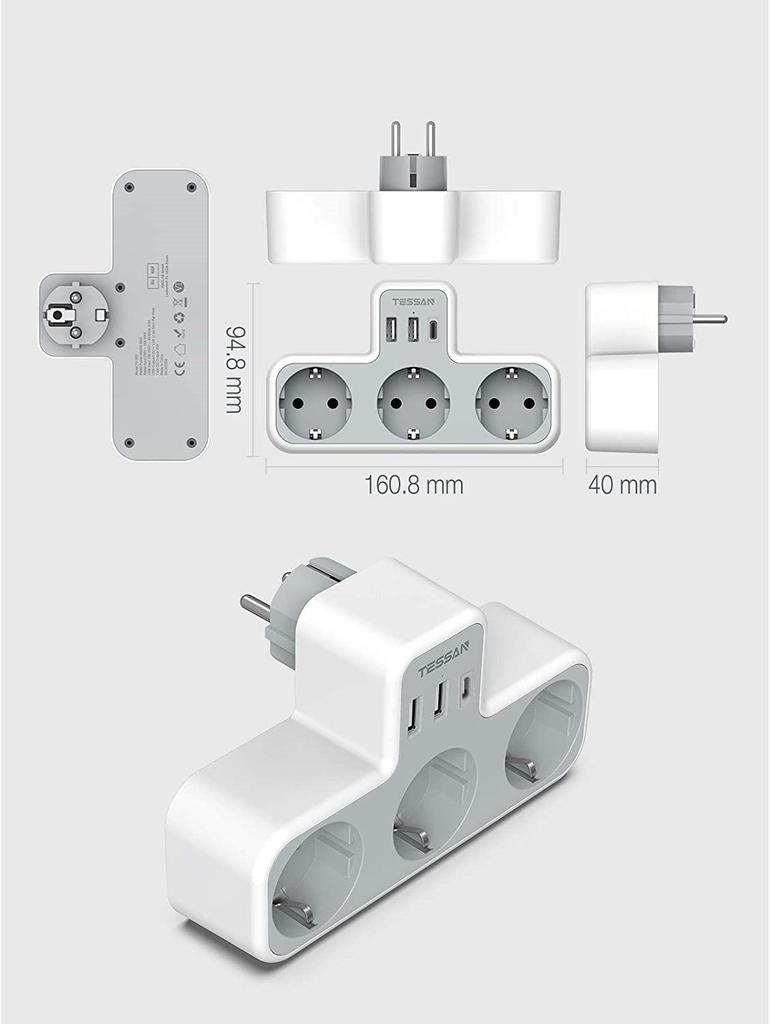 Tessan Multiple Power Strip Electrical EU Plug Extension Socket 3 Outlets with 2/3 USB Ports Wall Charger Adapter for Home Travel