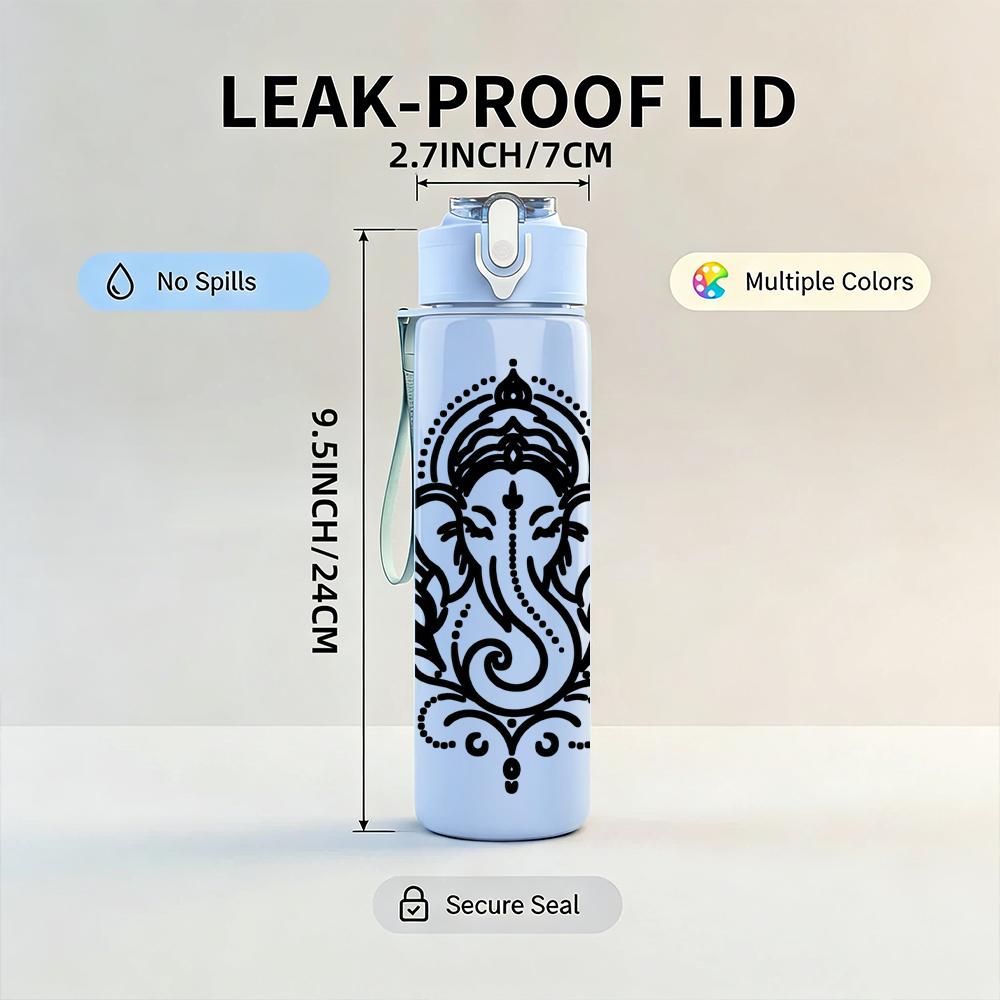 1PC Ganesha Ornate Sketch Graphic,750ml Color Plastic Sports Water Bottle,Leakproof Flip Straw Lid,Suitable for Sports Office Home Use