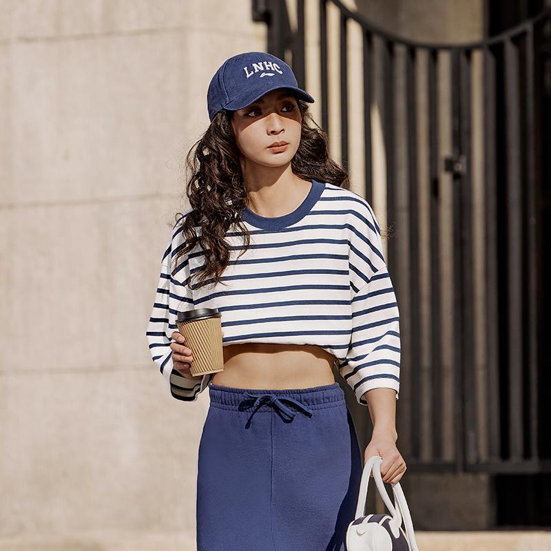 Футболка Li Ning Weekend Youth High Street American Vintage Striped Round Neck Casual Free Soft Short Sleeve Футболка Unisex Топы Off-White Deep-Navy AHSU659-3