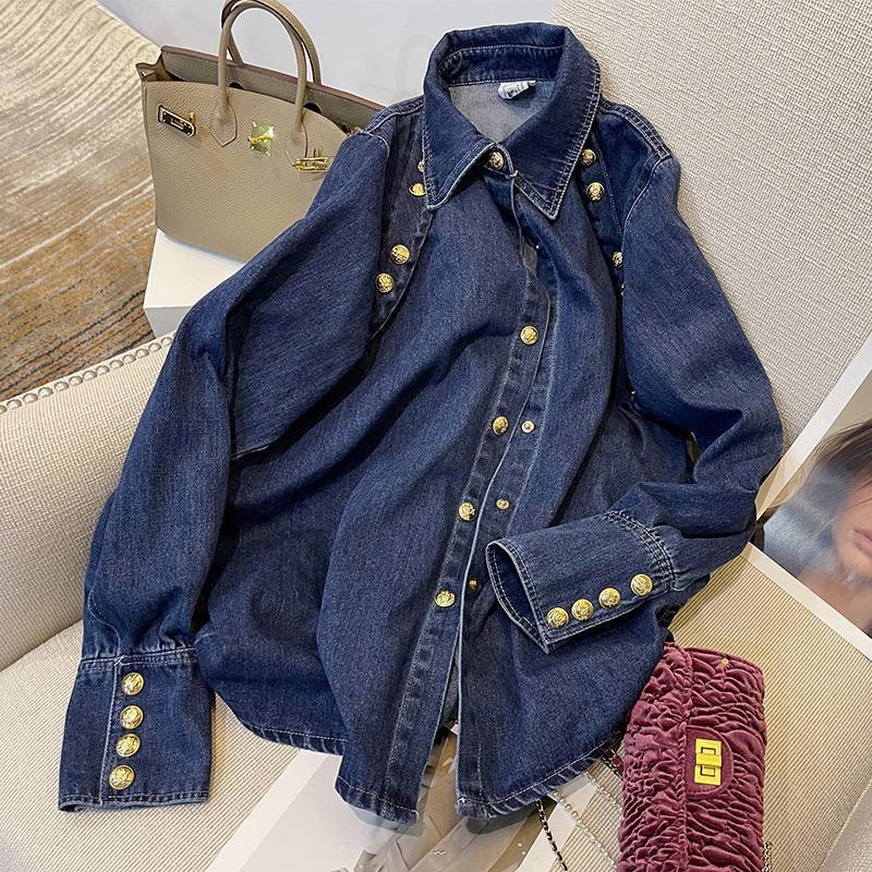Women's Retro Denim Shirt - Hong Kong Style, Autumn 2025 French Chic