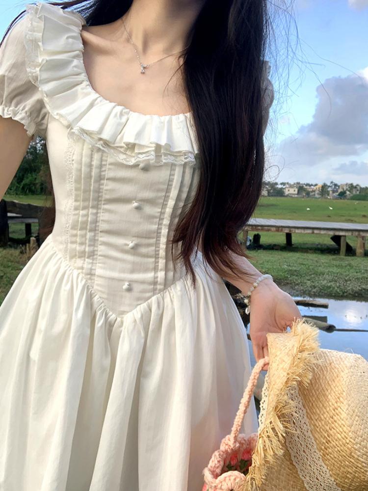 Белое милое элегантное короткое вечернее платье, женское повседневное корейское модное платье с коротким рукавом, кавайное кружевное платье, новинка лета 2024 года