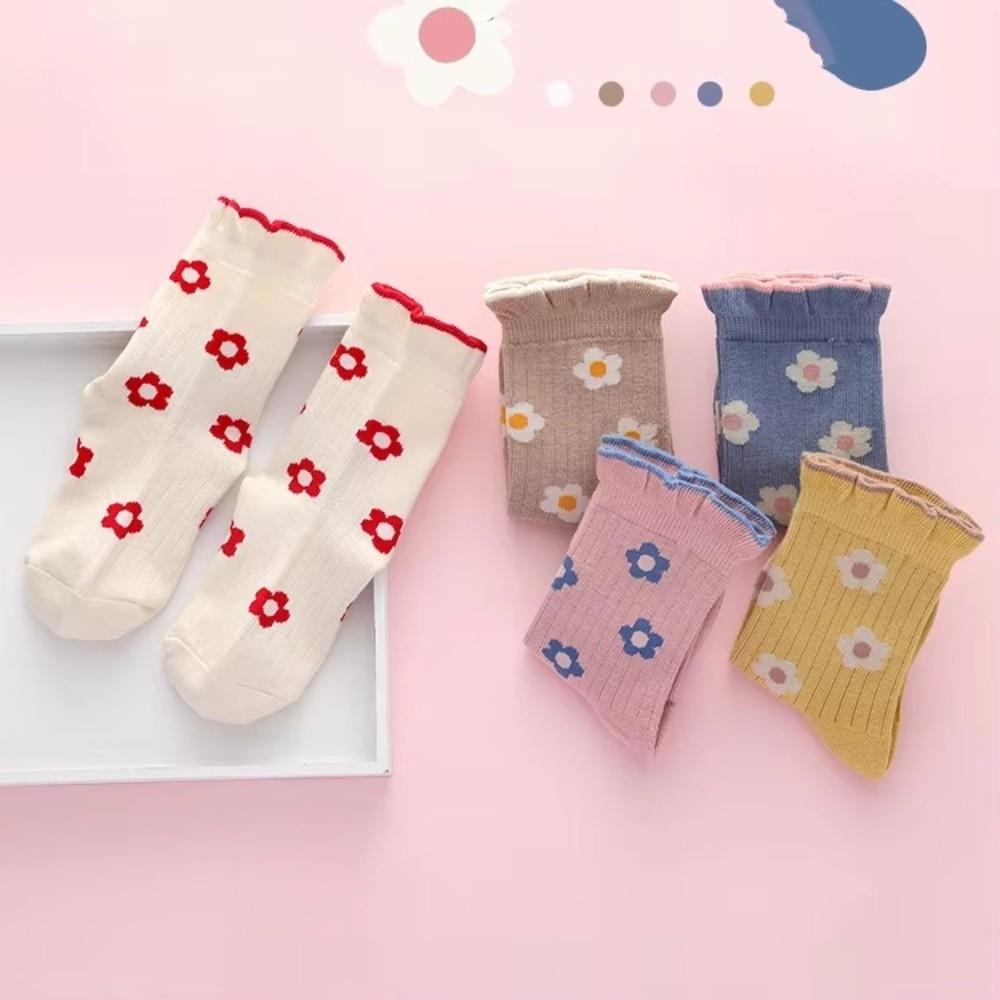 5 Pairs 5 Pairs Pack Kids Crew Socks Floral Print Ruffle Cuff Socks School Socks