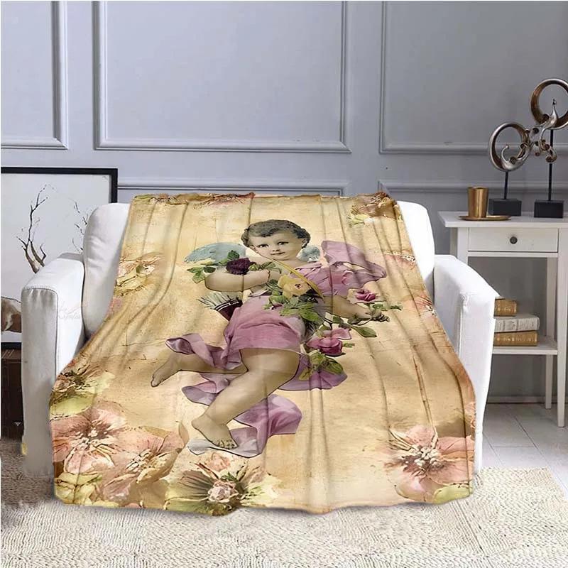 Cartoon little angel pattern Printed Blanket for Travel Camping Living Room Office Conditioning Blanket for All Seasons Gifts