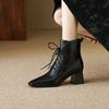 Модные женские осенне-зимние ботинки с квадратным носком и высоким каблуком, черные кожаные ботинки, женские ботинки на шнуровке ручной работы, женские ботильоны