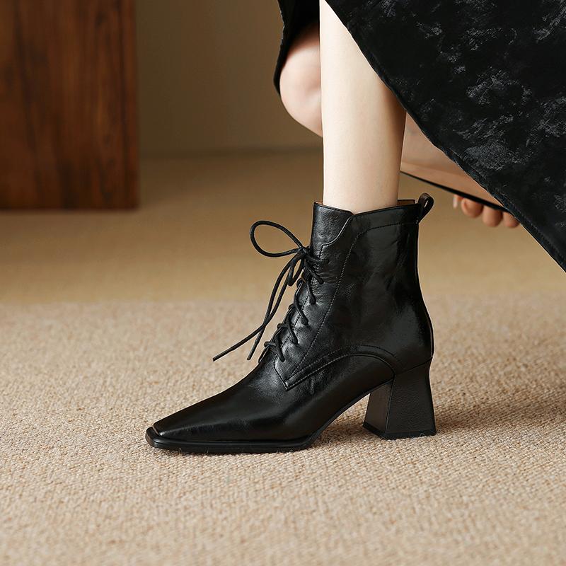 Модные женские осенне-зимние ботинки с квадратным носком и высоким каблуком, черные кожаные ботинки, женские ботинки на шнуровке ручной работы, женские ботильоны