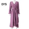 Women Spring Fall Dress Dot Applique Solid Color V Neck Belted Tight High Waist A Line Irregular Ruffle Hem Bohemian Flowy Wedding Party Maxi Dress