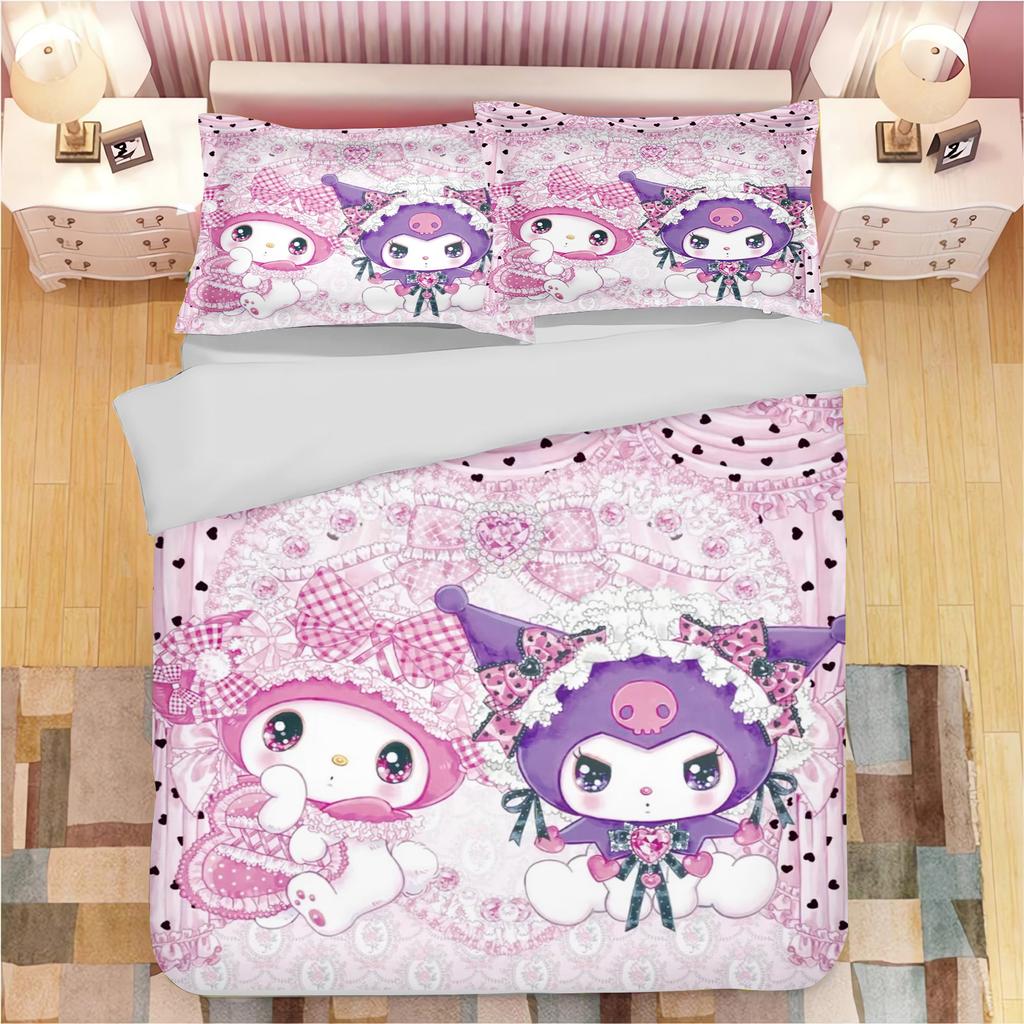 Серия Sanrio Набор постельного белья пододеяльник Kuromi для детей Размер King-size Роскошный чехол 100% Полиэстер 3 предмета Рождественские подарки Декор для дома