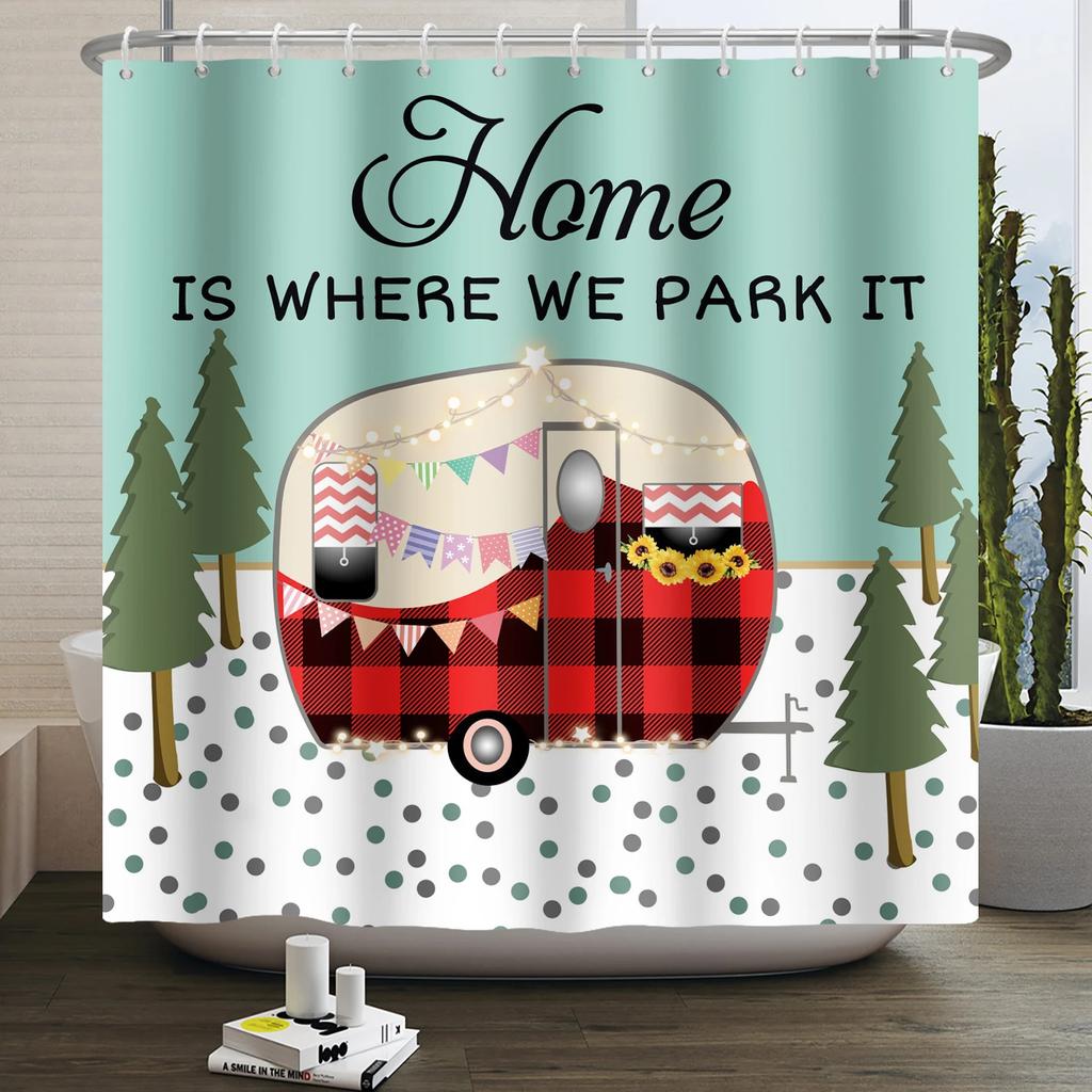 Занавеска для душа Кемпер Счастливый Кемпер Прицеп Автомобиль Автодом Лес Гора Палатка Кемпинг Ванная Занавеска для душа Водонепроницаемая Занавеска для ванны