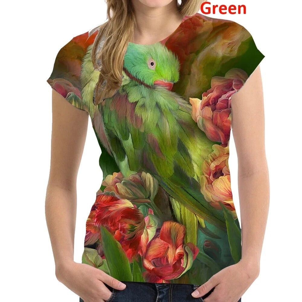 2022 женская модная футболка с коротким рукавом и 3D принтом попугая, футболка с птицей, повседневная футболка с цветочным принтом