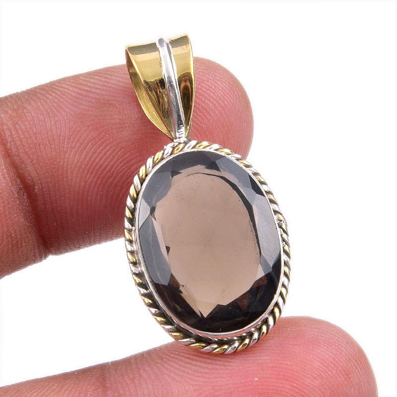 Natural Smoky Quartz 925 Solid Sterling Silver TwoTone Gift Pendant 1.50" H1q93