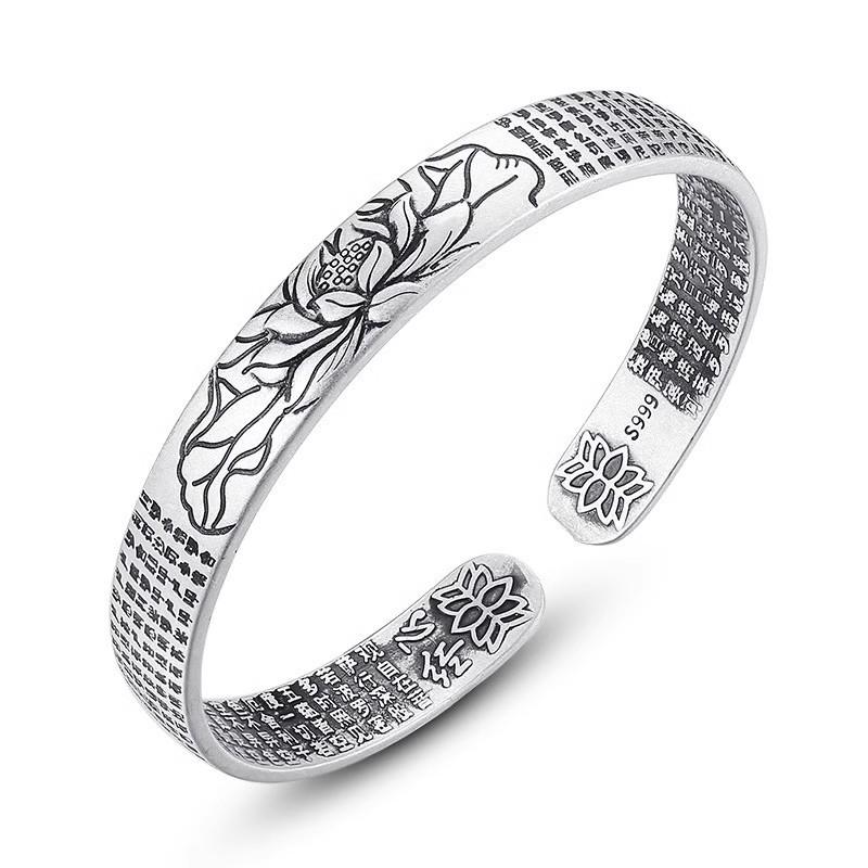 Thai Silver Heart Sutra Lotus Jackfruit Bracelet - Black Lotus Openwork Design