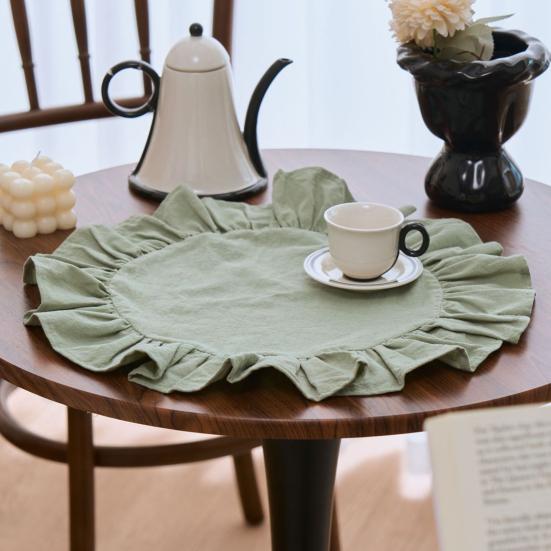 Деревенская салфетка под тарелку, однотонная, круглая, с оборками, для послеобеденного чая, мягкая стираная хлопковая скатерть, для стола, обеденной кухни, вечеринки, деревенский декор стола