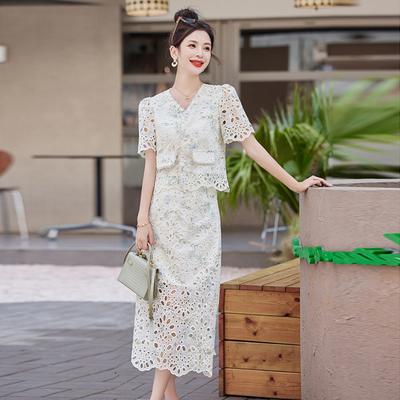 Цветовой дизайн, чувство, полый костюм-двойка, женский, лето, новый, топ с V-образным вырезом и короткими рукавами, комплект юбки с высокой талией и тонкой юбкой