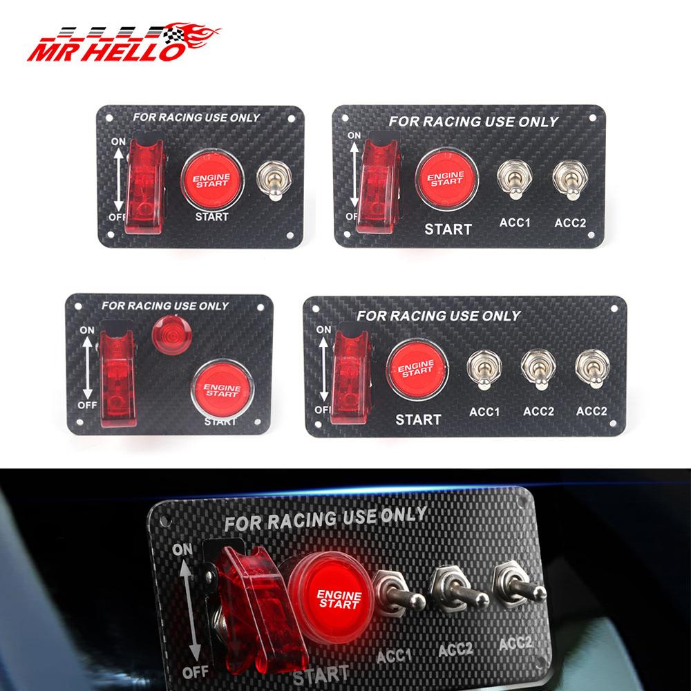 True Carbon Fiber 12V Racing Car Ignition Switch Panel Engine Start Stop Ignition Push Buttons LED Toggle Switch Panel
